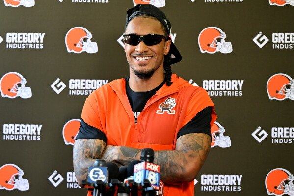 Grant Delpit speaking to reporters at Browns training camp