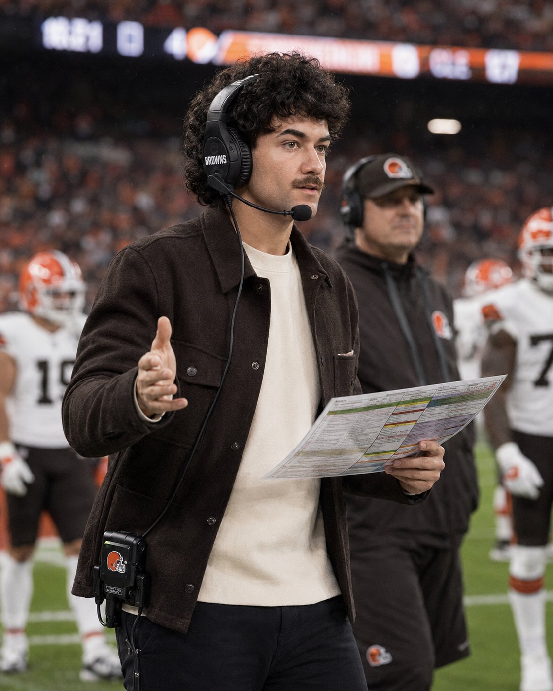 Nick Mansour on the sideline with a call sheet